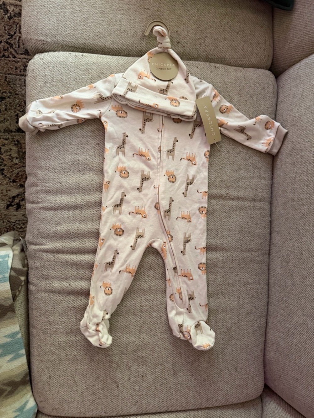 Chickpea Safari-Print Footed One-Piece with Hat
